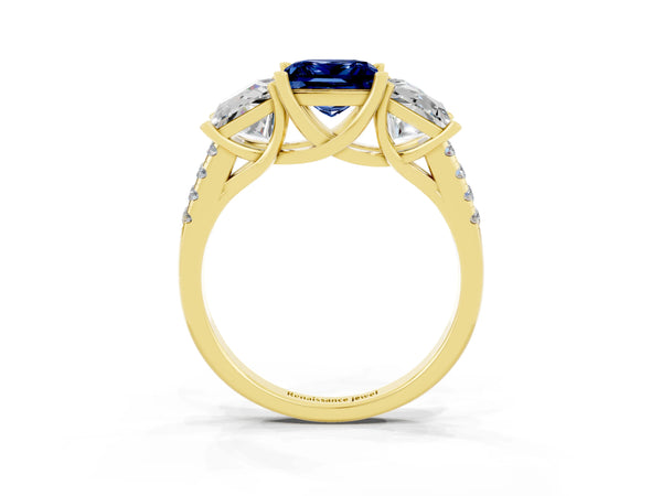 Yellow gold Three-Stone Princess Cut Blue Sapphire Ring with Round  Pavé Band and Prong Setting