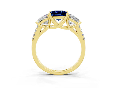 Yellow gold Three-Stone Princess Cut Blue Sapphire Ring with Round  Pavé Band and Prong Setting_46