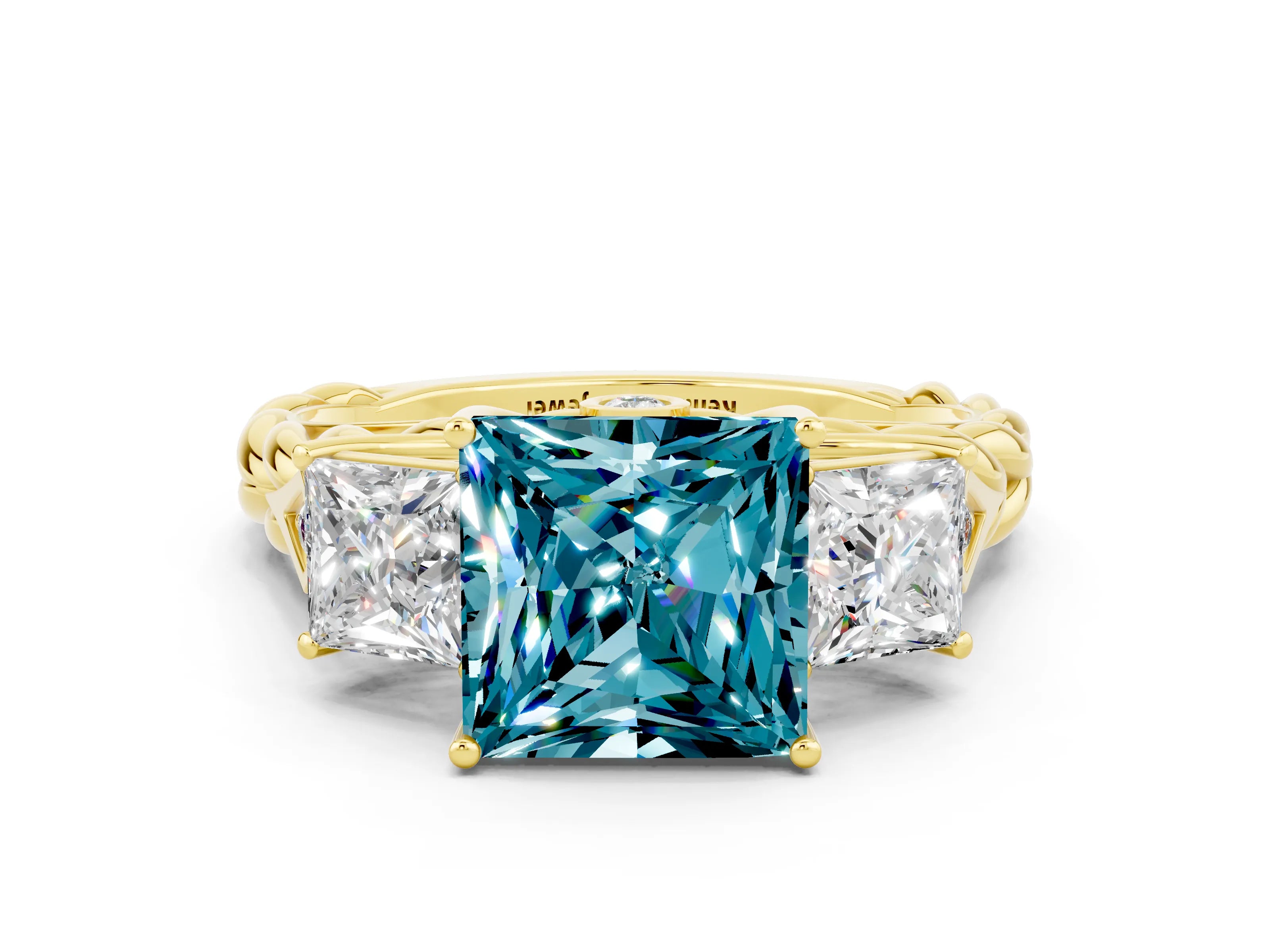 Yellow gold Three-Stone Princess Cut Blue Topaz Braided Band Ring with Four-Prong Setting_12