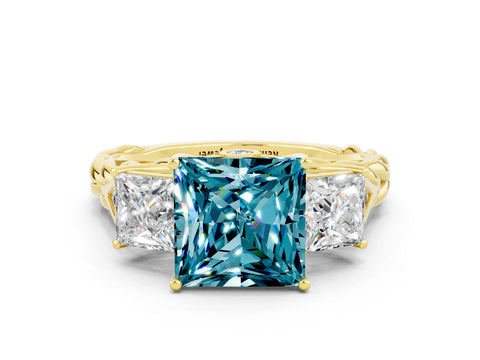 Yellow gold Three-Stone Princess Cut Blue Topaz Braided Band Ring with Four-Prong Setting_12
