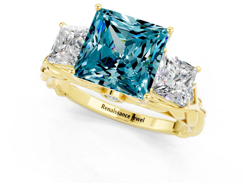 Yellow gold Three-Stone Princess Cut Blue Topaz Braided Band Ring with Four-Prong Setting_13