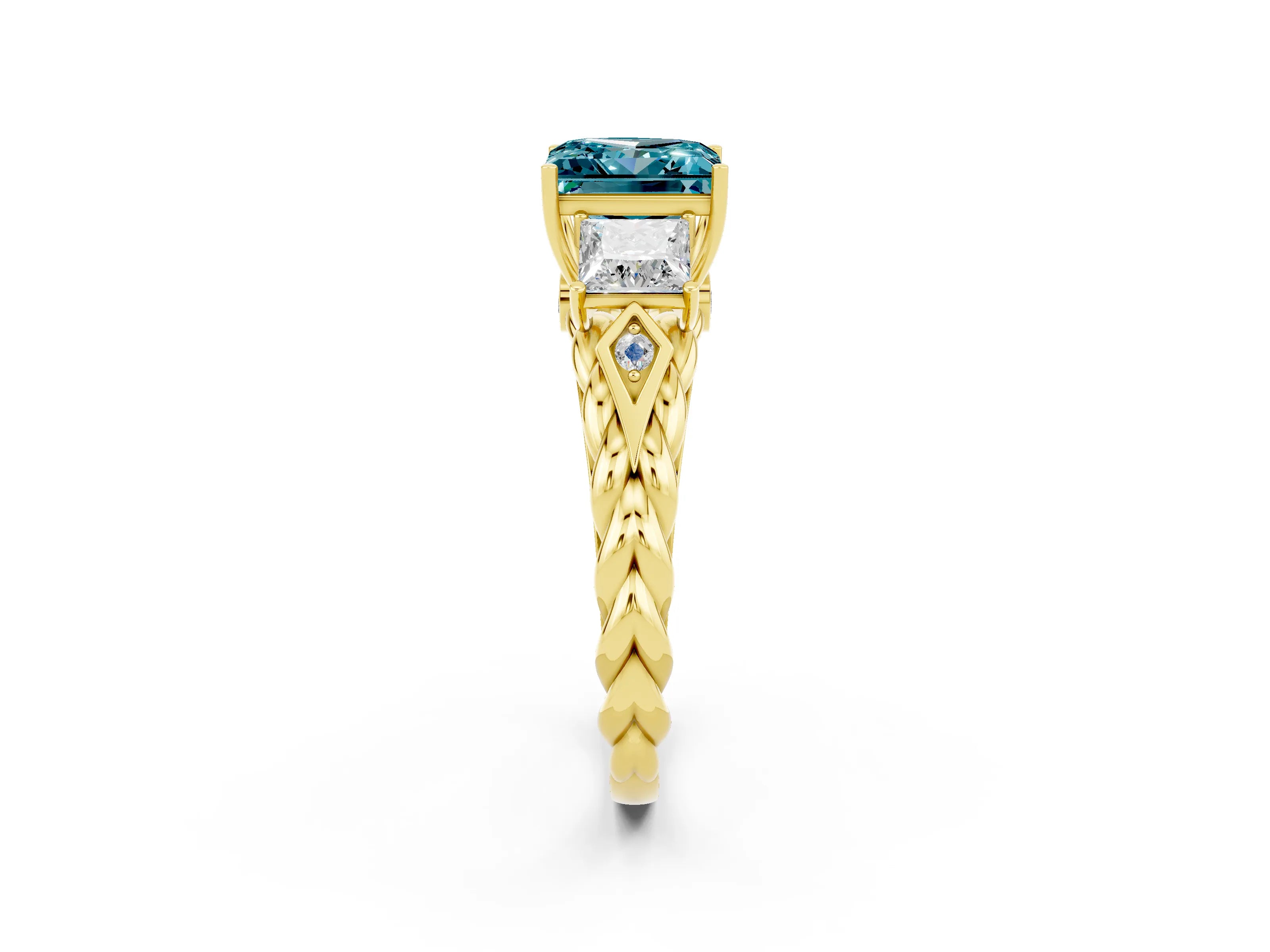 Yellow gold Three-Stone Princess Cut Blue Topaz Braided Band Ring with Four-Prong Setting_14