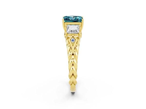 Yellow gold Three-Stone Princess Cut Blue Topaz Braided Band Ring with Four-Prong Setting