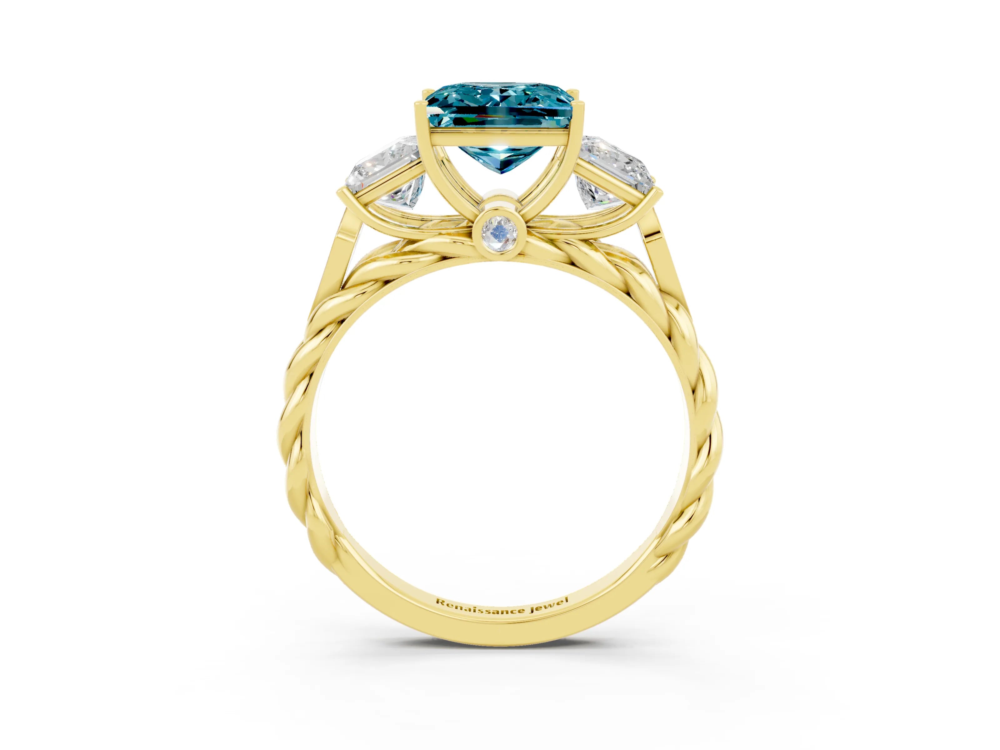 Yellow gold Three-Stone Princess Cut Blue Topaz Braided Band Ring with Four-Prong Setting_15