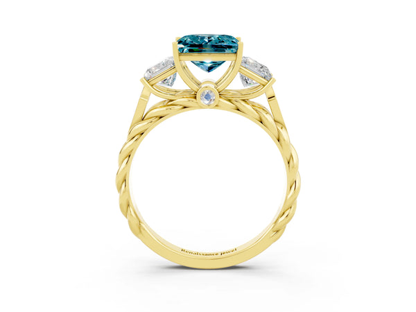 Yellow gold Three-Stone Princess Cut Blue Topaz Braided Band Ring with Four-Prong Setting