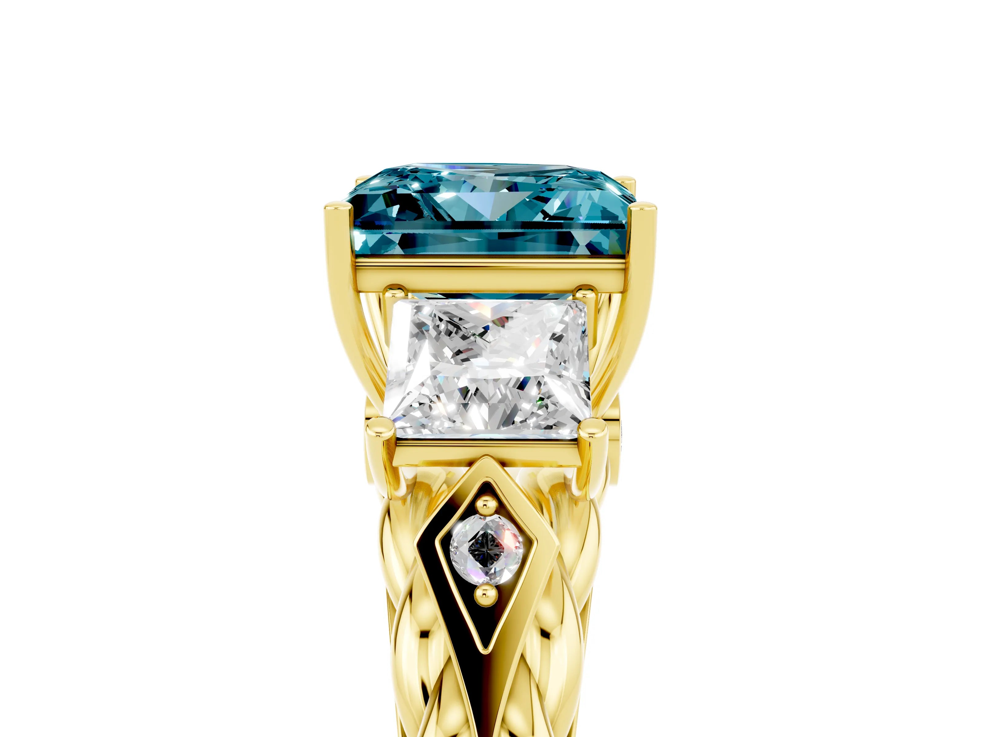 Yellow gold Three-Stone Princess Cut Blue Topaz Braided Band Ring with Four-Prong Setting_17