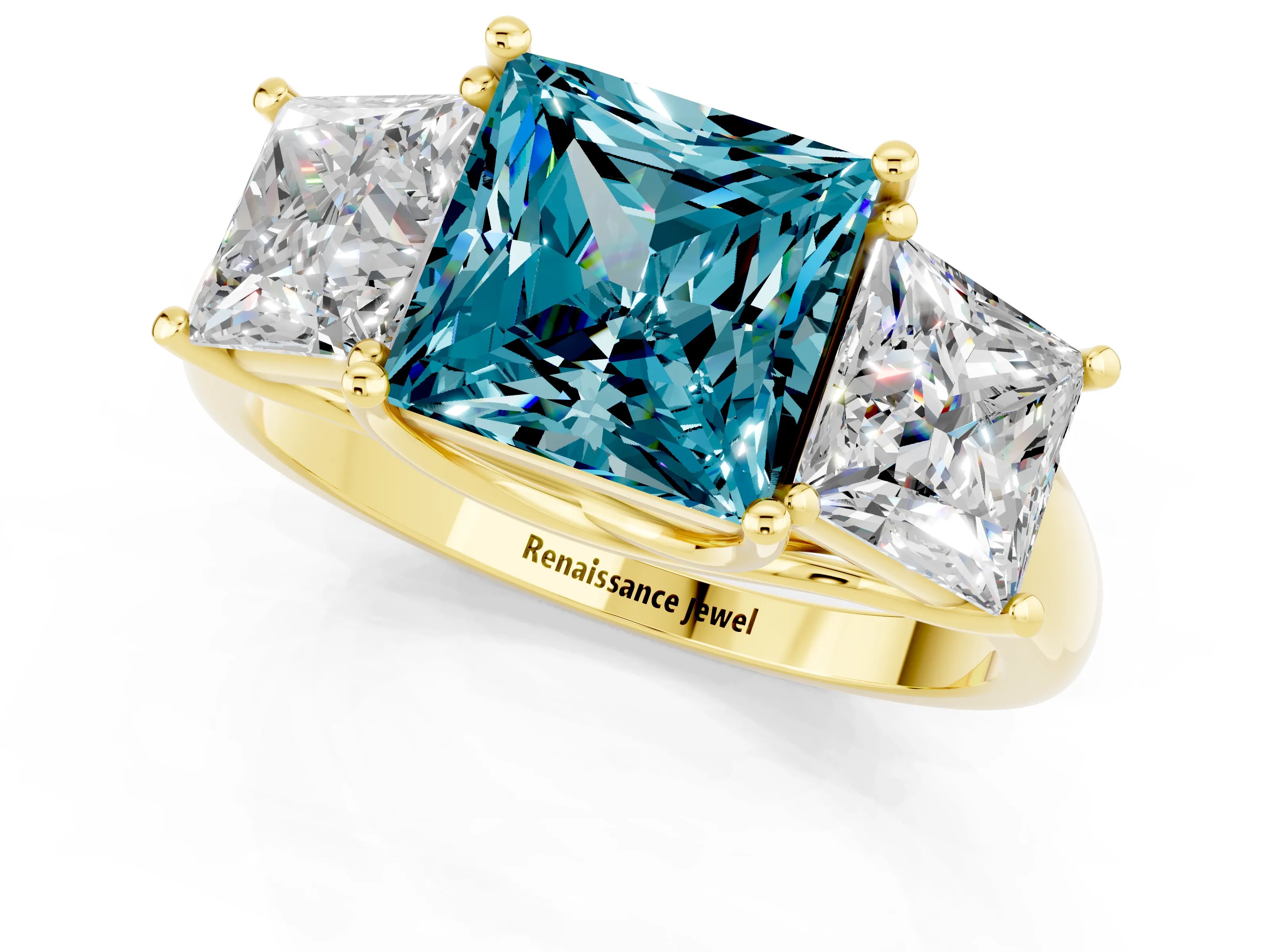 Yellow gold Three-Stone Princess Cut Blue Topaz Engagement Ring with Prong Setting_1