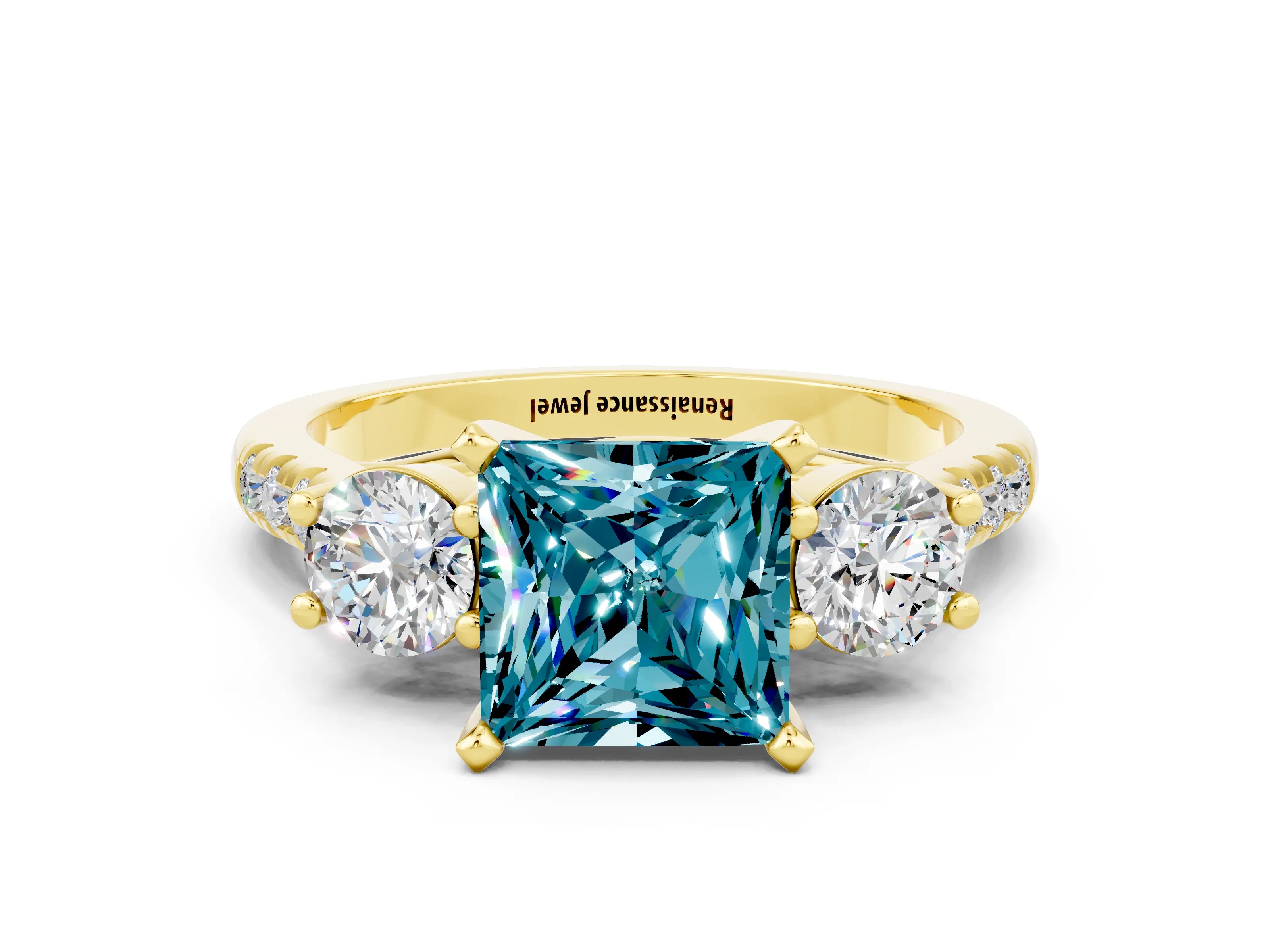 Yellow gold Three-Stone Princess Cut Blue Topaz Pavé Band with Four-Prong Setting