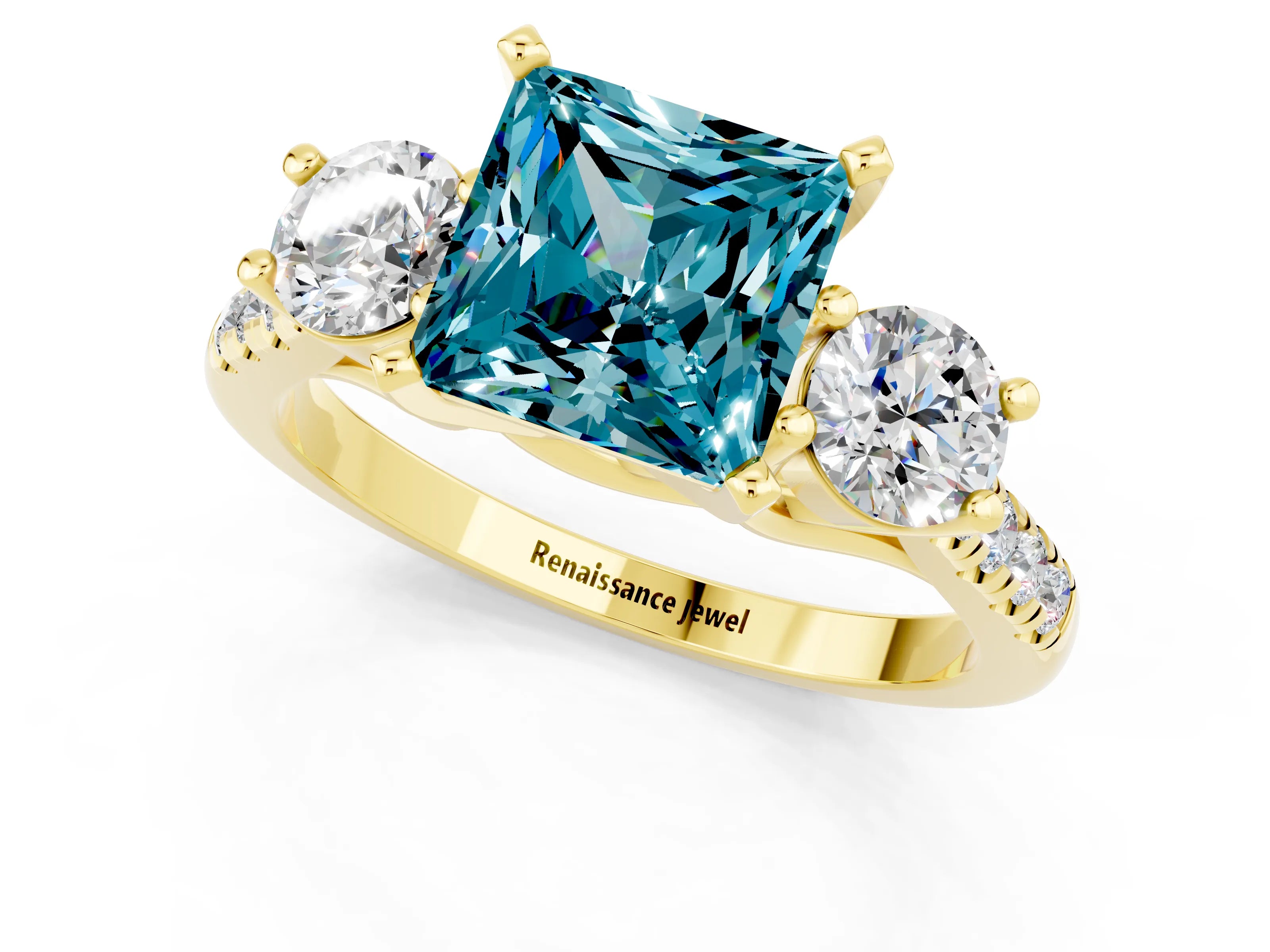 Yellow gold Three-Stone Princess Cut Blue Topaz Pavé Band with Four-Prong Setting_1