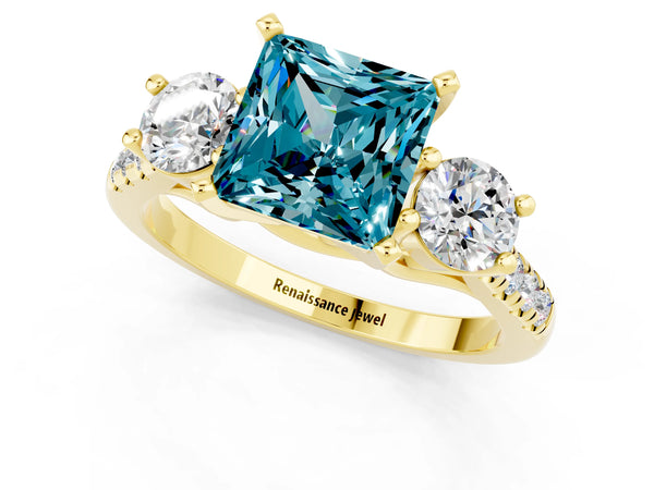 Yellow gold Three-Stone Princess Cut Blue Topaz Pavé Band with Four-Prong Setting