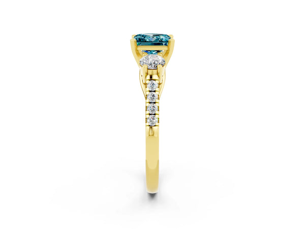 Yellow gold Three-Stone Princess Cut Blue Topaz Pavé Band with Four-Prong Setting