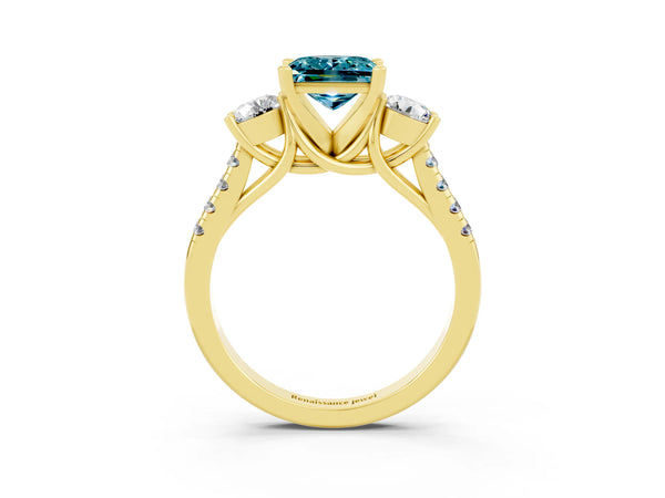 Yellow gold Three-Stone Princess Cut Blue Topaz Pavé Band with Four-Prong Setting