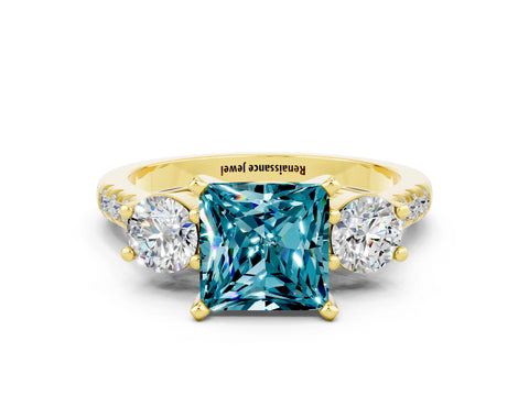 Yellow gold Three-Stone Princess Cut Blue Topaz Pavé Band with Four-Prong Setting