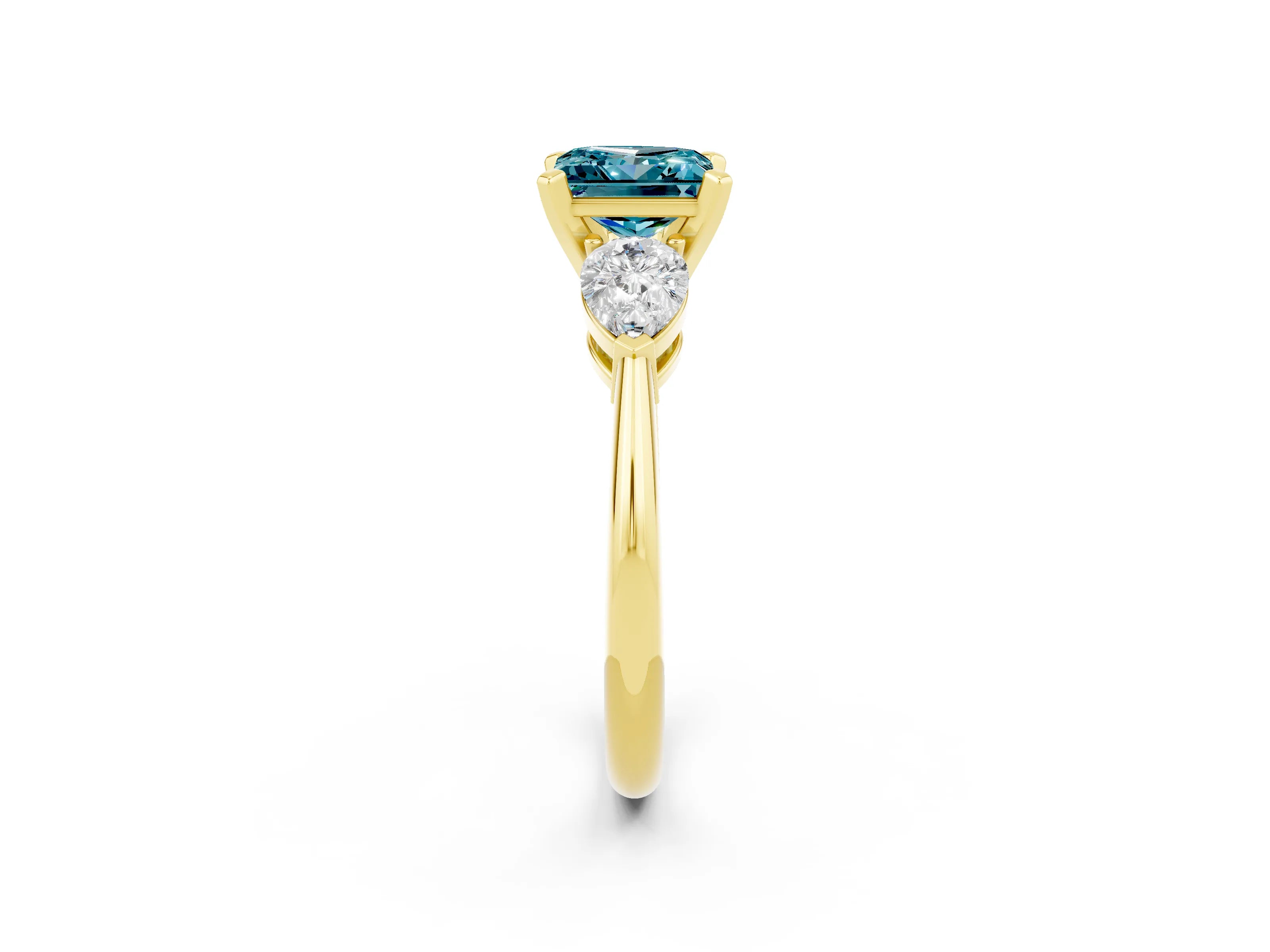Yellow gold Three-Stone Princess Cut Blue Topaz Ring with Pear Side Stones and Four-Prong Setting_2