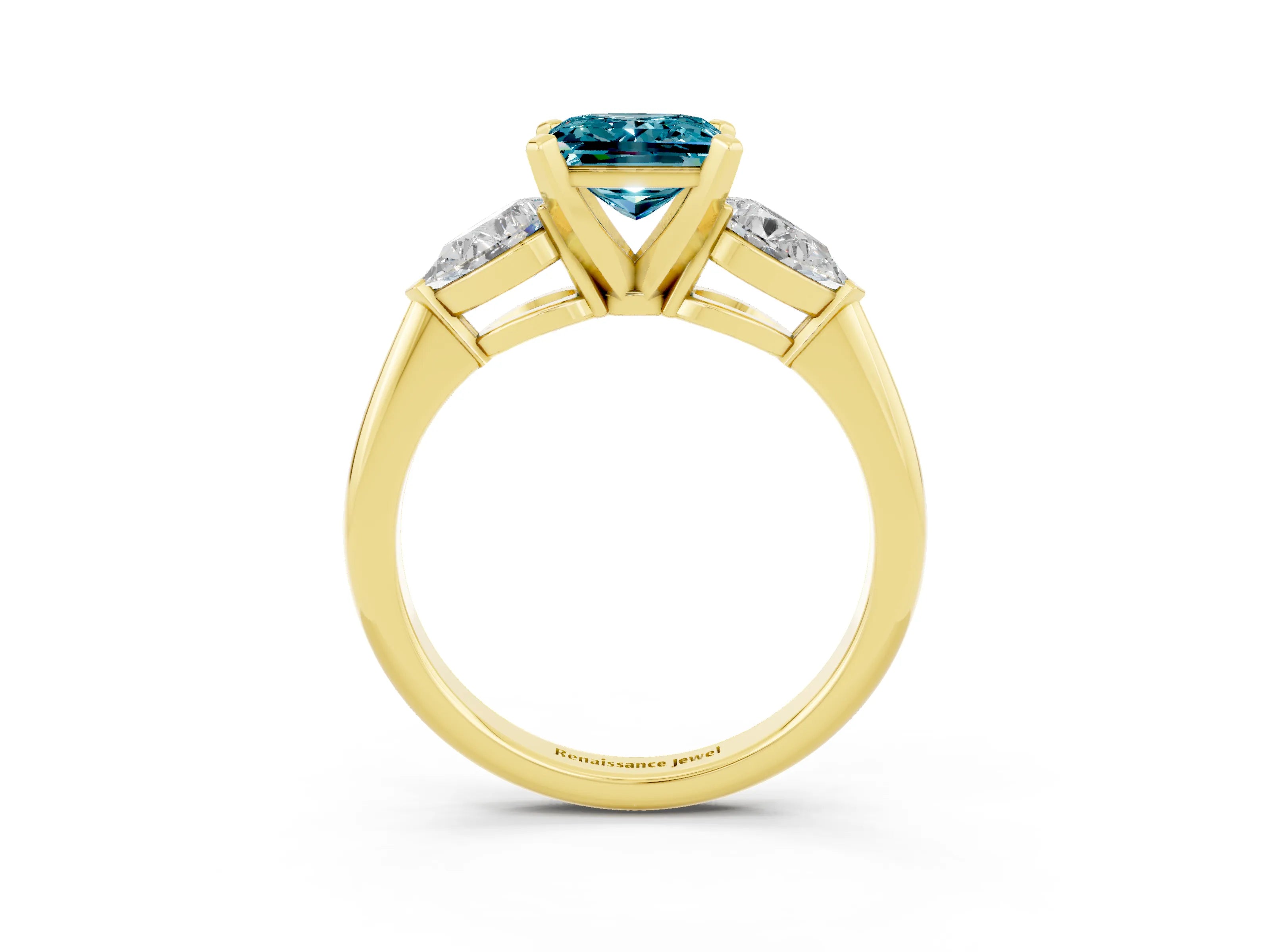 Yellow gold Three-Stone Princess Cut Blue Topaz Ring with Pear Side Stones and Four-Prong Setting_3