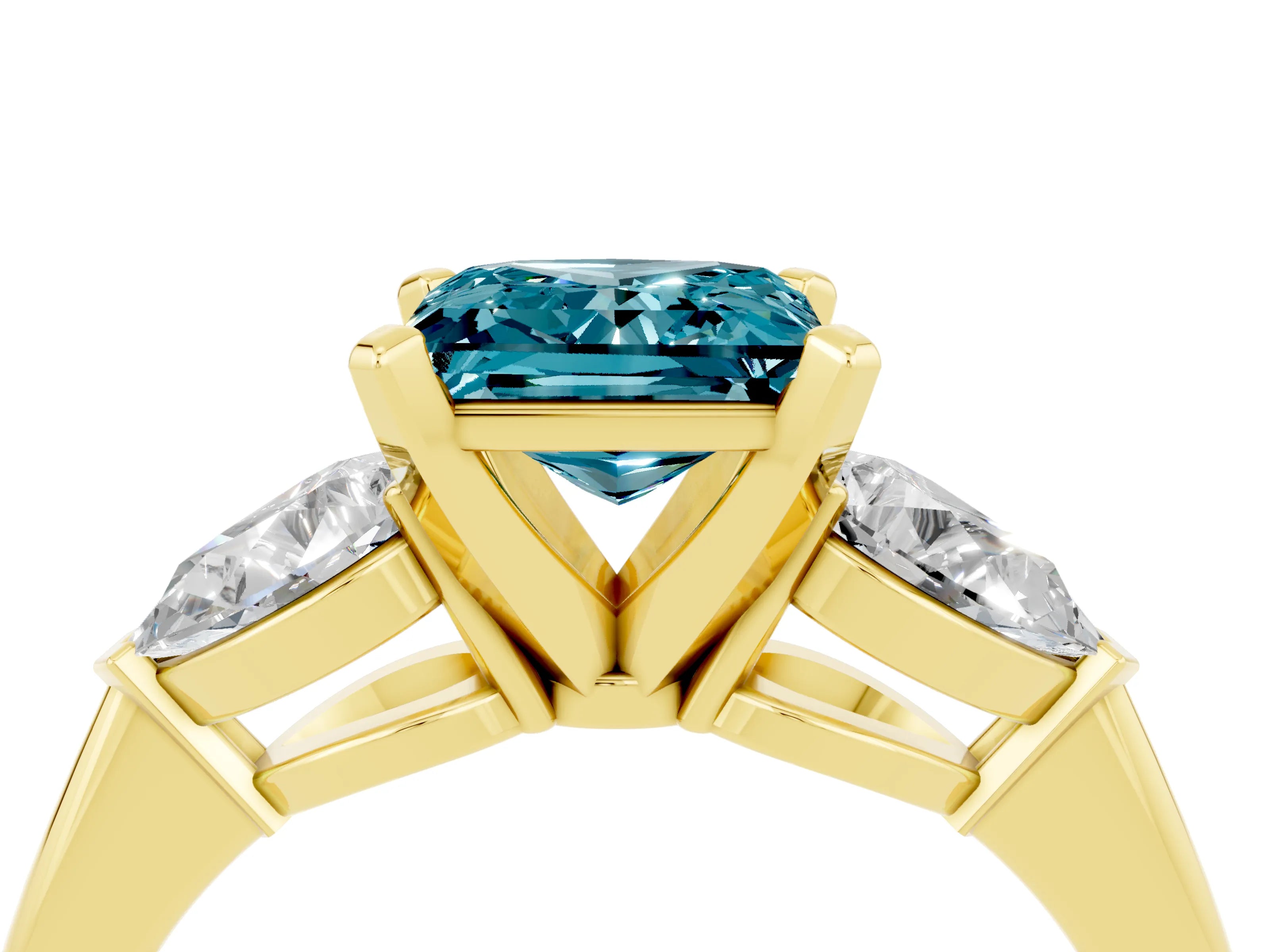 Yellow gold Three-Stone Princess Cut Blue Topaz Ring with Pear Side Stones and Four-Prong Setting_4
