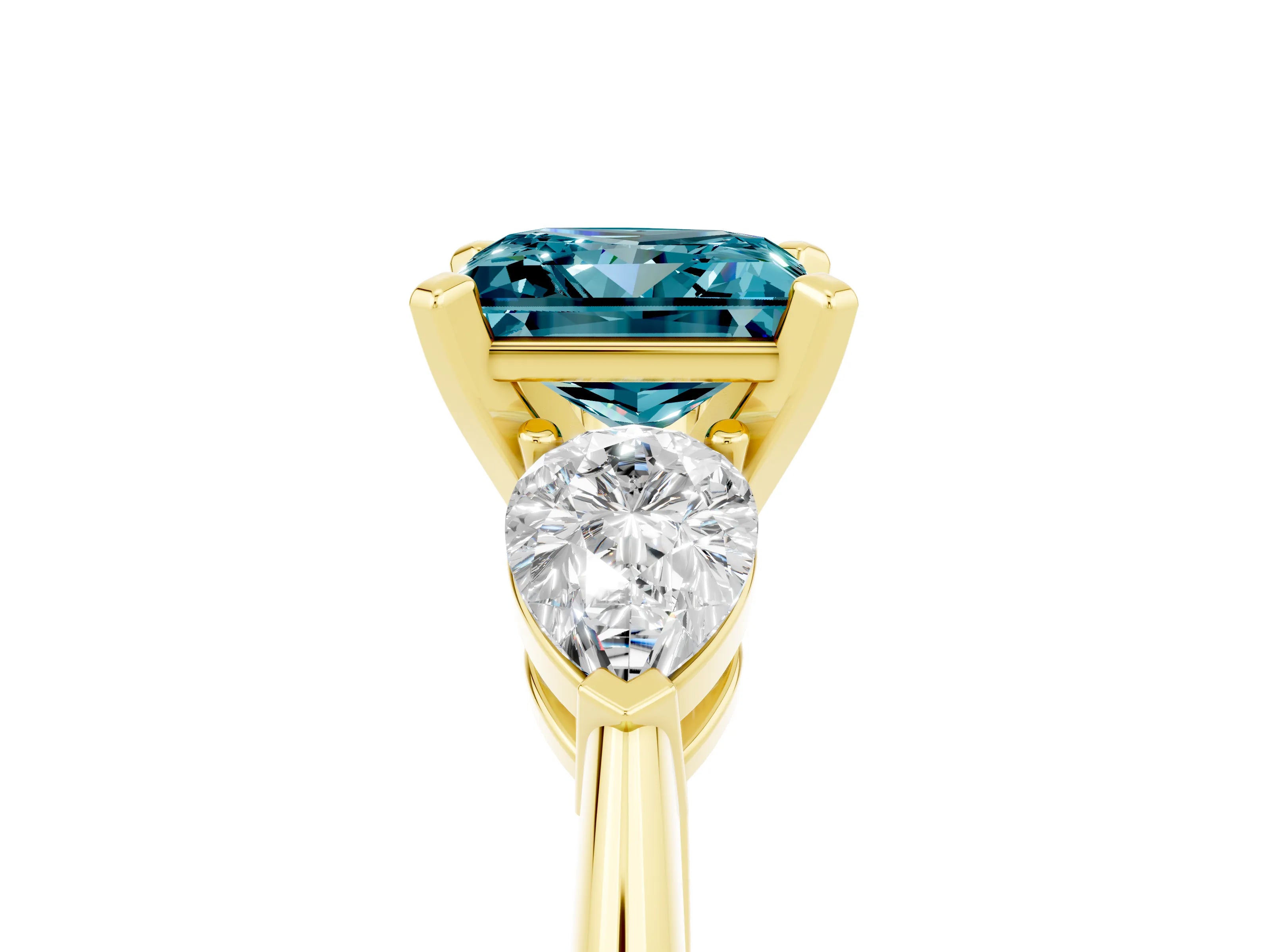 Yellow gold Three-Stone Princess Cut Blue Topaz Ring with Pear Side Stones and Four-Prong Setting_5