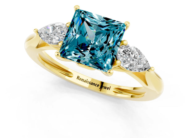 Yellow gold Three-Stone Princess Cut Blue Topaz Ring with Pear  Side Stones in Four-Prong Setting