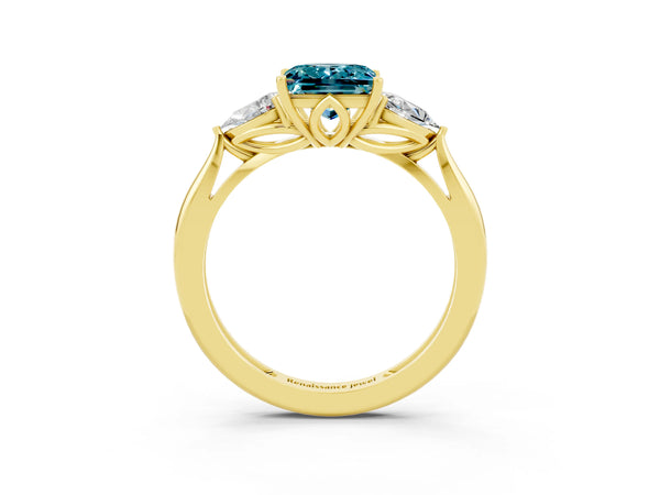 Yellow gold Three-Stone Princess Cut Blue Topaz Ring with Pear  Side Stones in Four-Prong Setting
