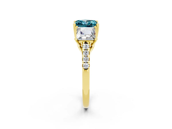 Yellow gold Three-Stone Princess Cut Blue Topaz Ring with Round  Pavé Band and Prong Setting