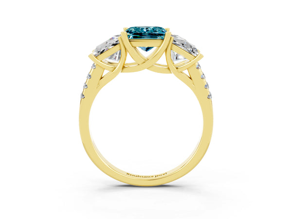 Yellow gold Three-Stone Princess Cut Blue Topaz Ring with Round  Pavé Band and Prong Setting