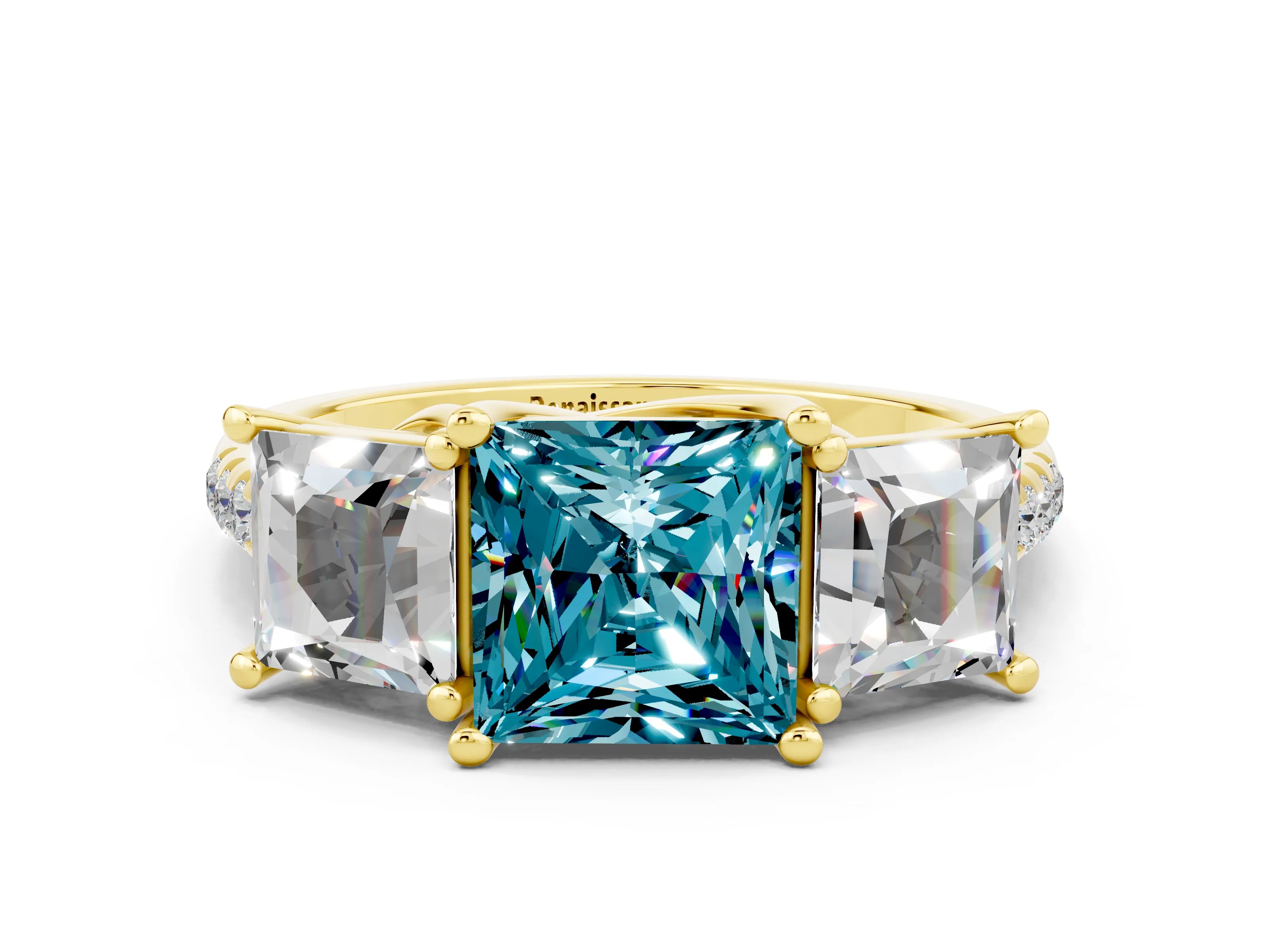 Yellow gold Three-Stone Princess Cut Blue Topaz Ring with Round  Pavé Band and Prong Setting_24