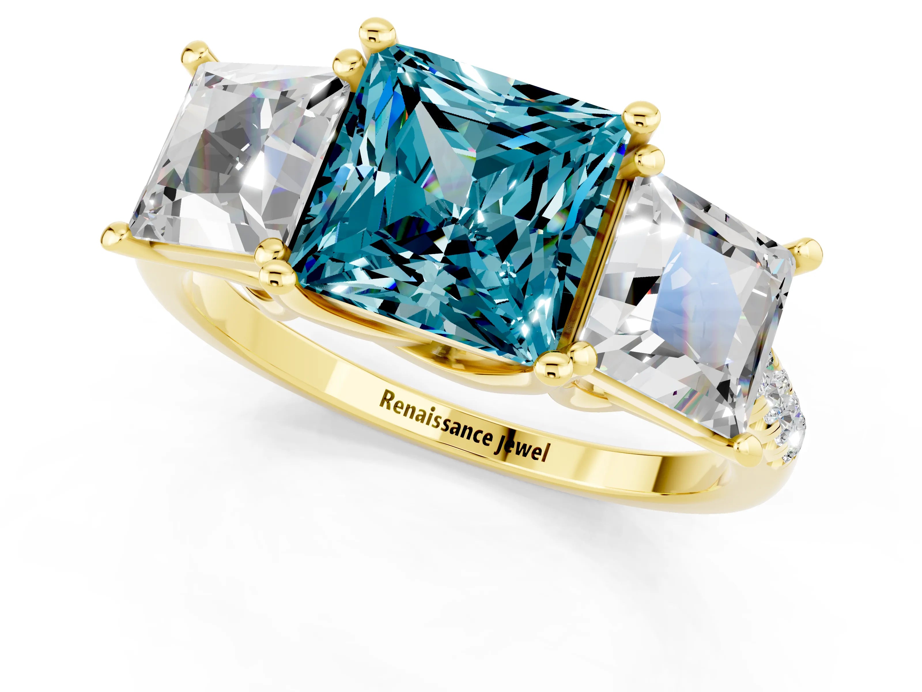 Yellow gold Three-Stone Princess Cut Blue Topaz Ring with Round  Pavé Band and Prong Setting_25