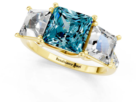 Yellow gold Three-Stone Princess Cut Blue Topaz Ring with Round  Pavé Band and Prong Setting_25