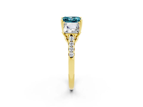 Yellow gold Three-Stone Princess Cut Blue Topaz Ring with Round  Pavé Band and Prong Setting_26