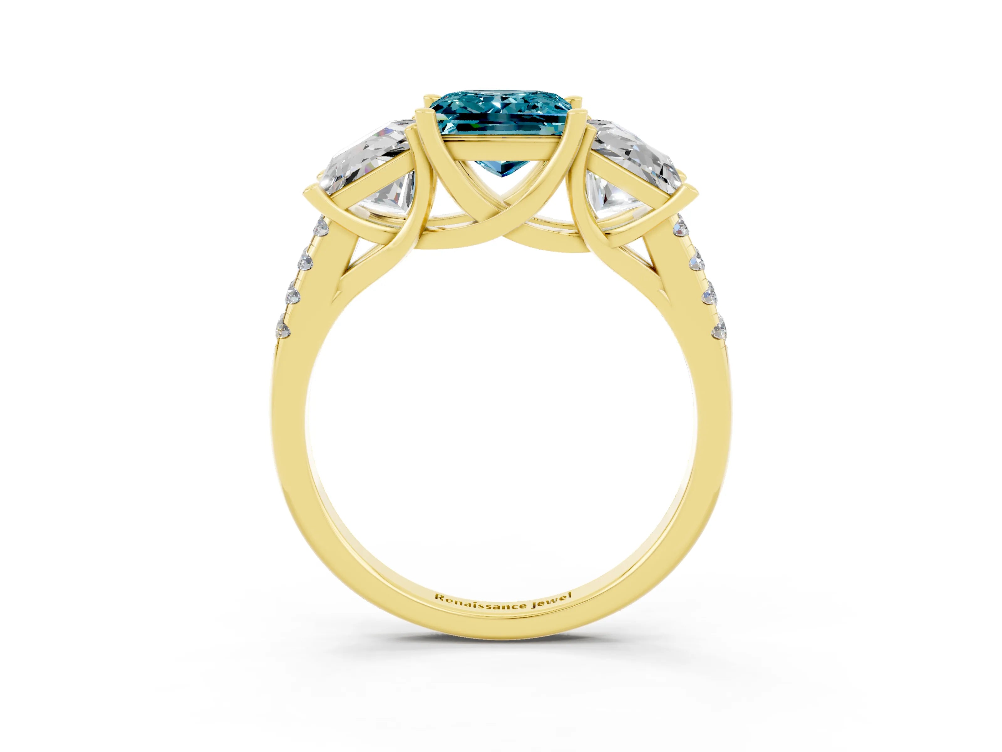 Yellow gold Three-Stone Princess Cut Blue Topaz Ring with Round  Pavé Band and Prong Setting_27