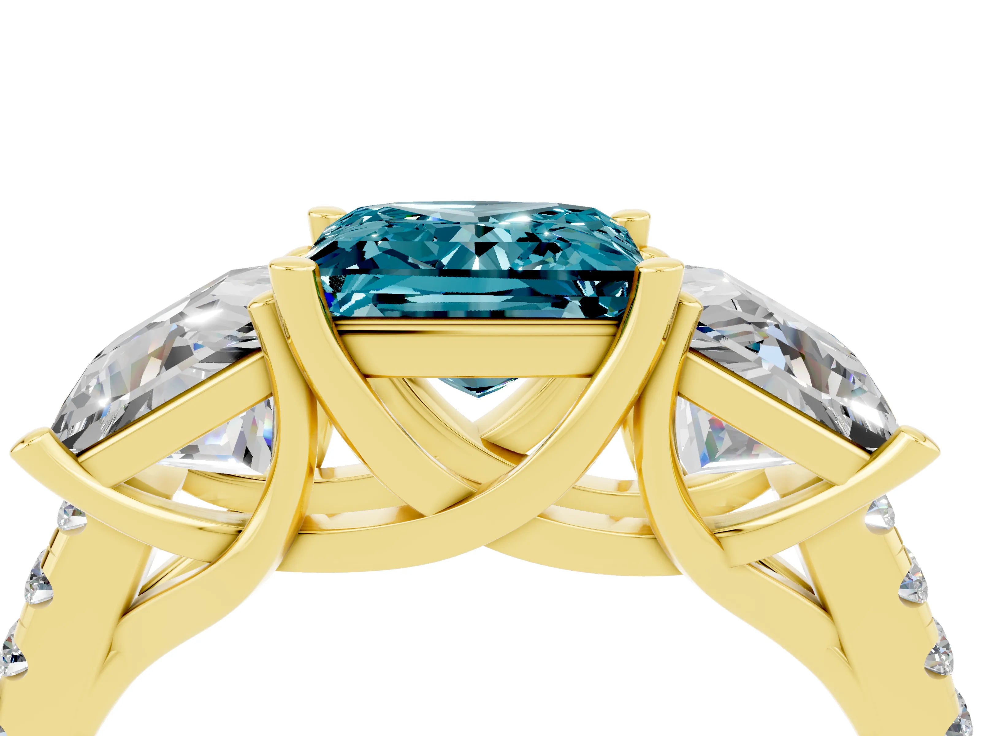 Yellow gold Three-Stone Princess Cut Blue Topaz Ring with Round  Pavé Band and Prong Setting_28