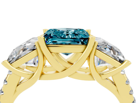 Yellow gold Three-Stone Princess Cut Blue Topaz Ring with Round  Pavé Band and Prong Setting_28