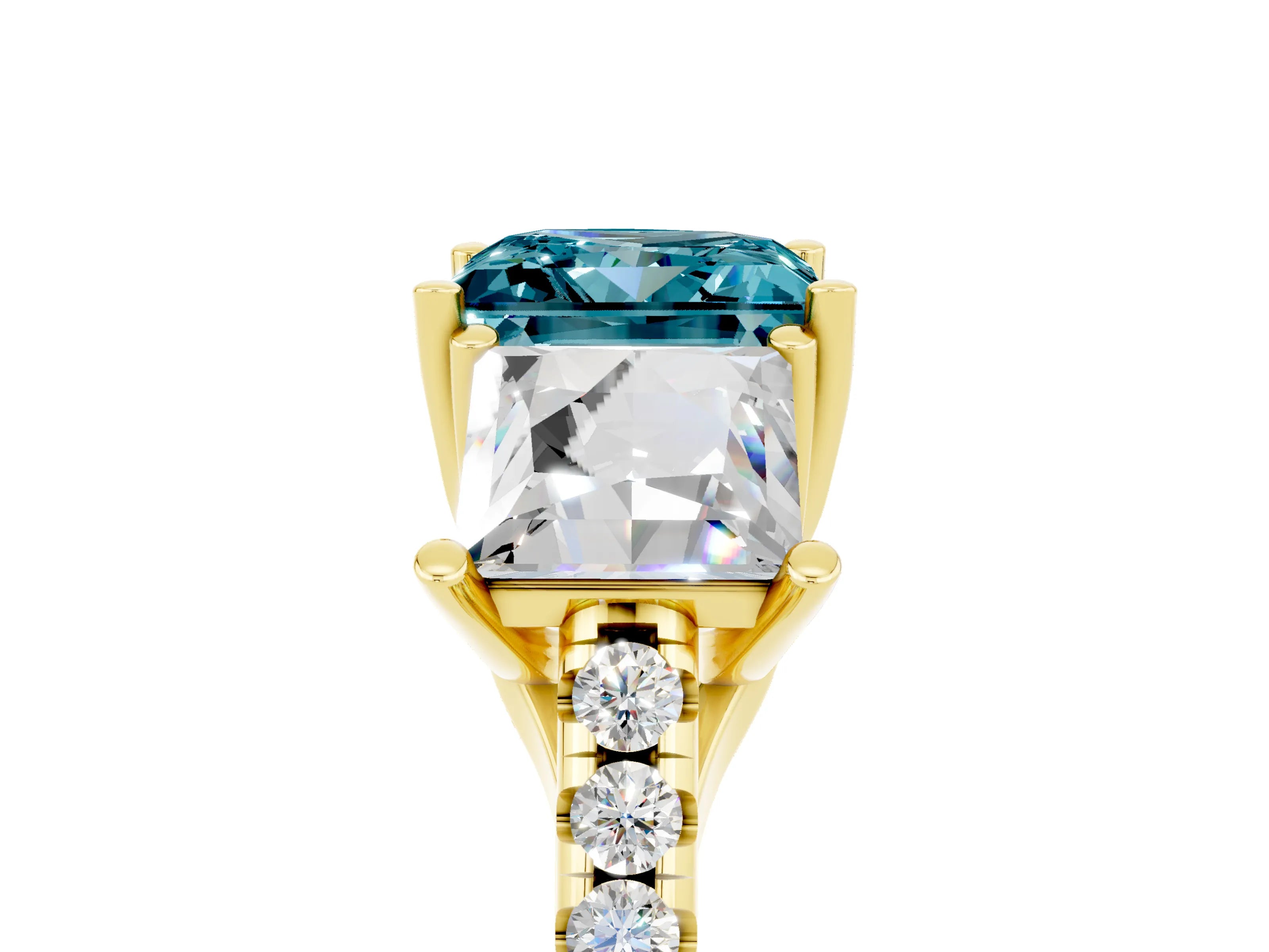 Yellow gold Three-Stone Princess Cut Blue Topaz Ring with Round  Pavé Band and Prong Setting_29