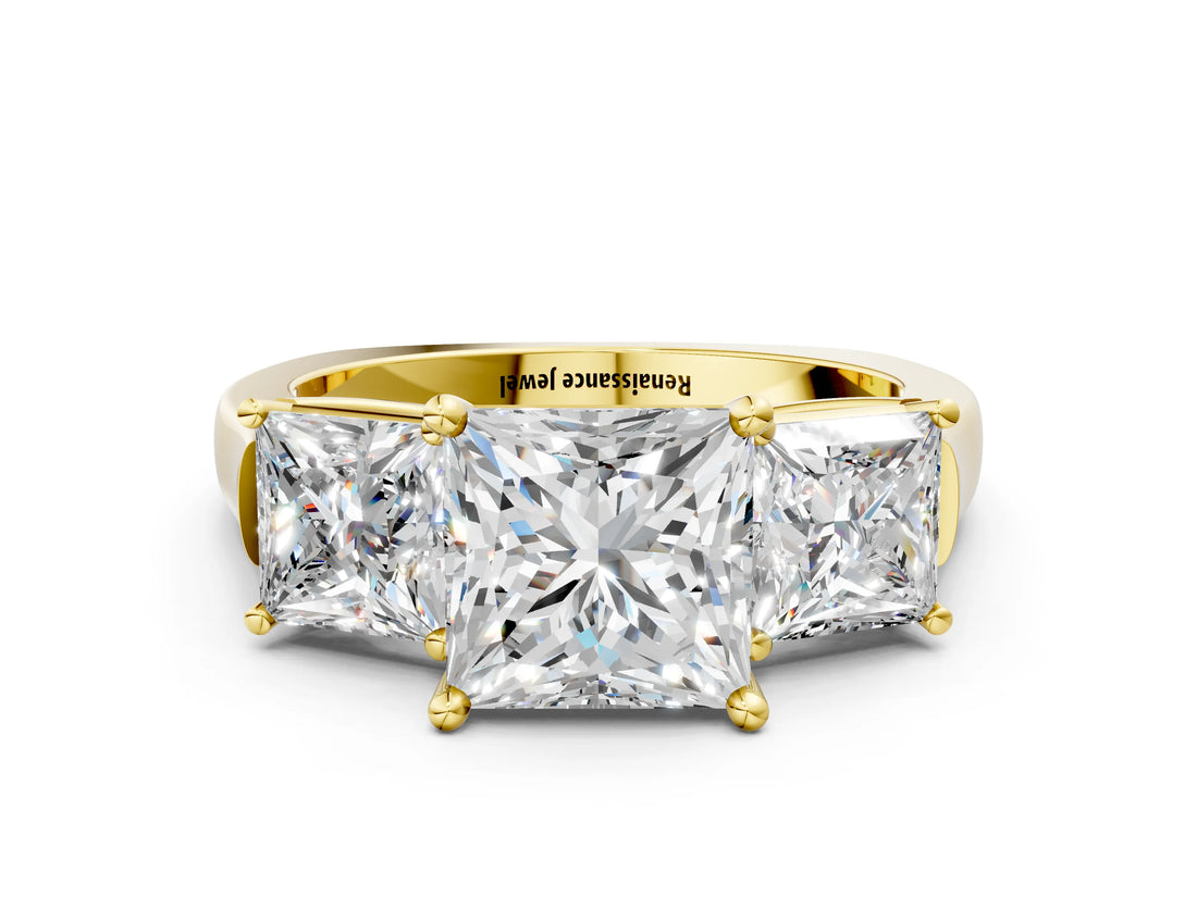 Yellow gold Three-Stone Princess Cut Brilliant Diamond Trellis Ring with Comfort Fit Band_7