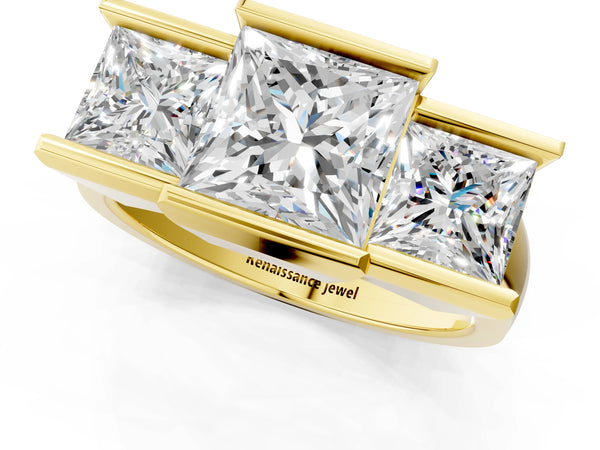 Yellow Gold Princess Cut Channel Set Three Stone Engagement Ring Setting with Wide Flat Band