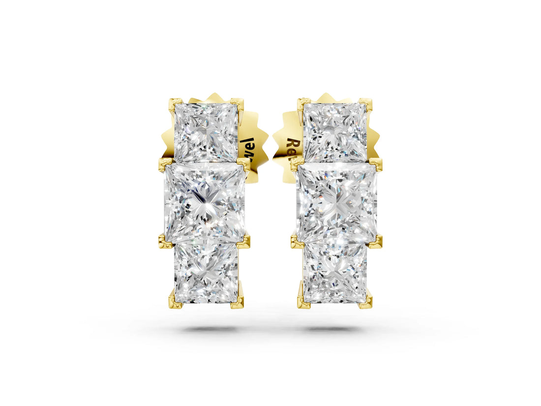 Yellow gold Three-Stone Princess Cut Channel Set Earrings with Bar Prong Setting_13