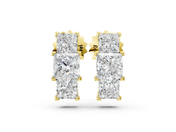 Yellow gold Three-Stone Princess Cut Channel Set Earrings with Bar Prong Setting