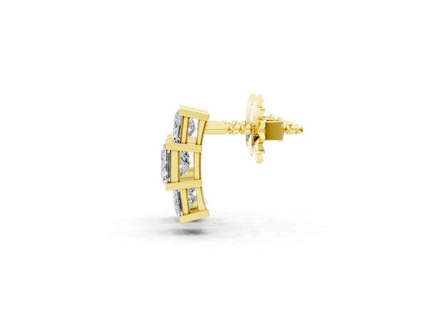 Yellow gold Three-Stone Princess Cut Channel Set Earrings with Bar Prong Setting