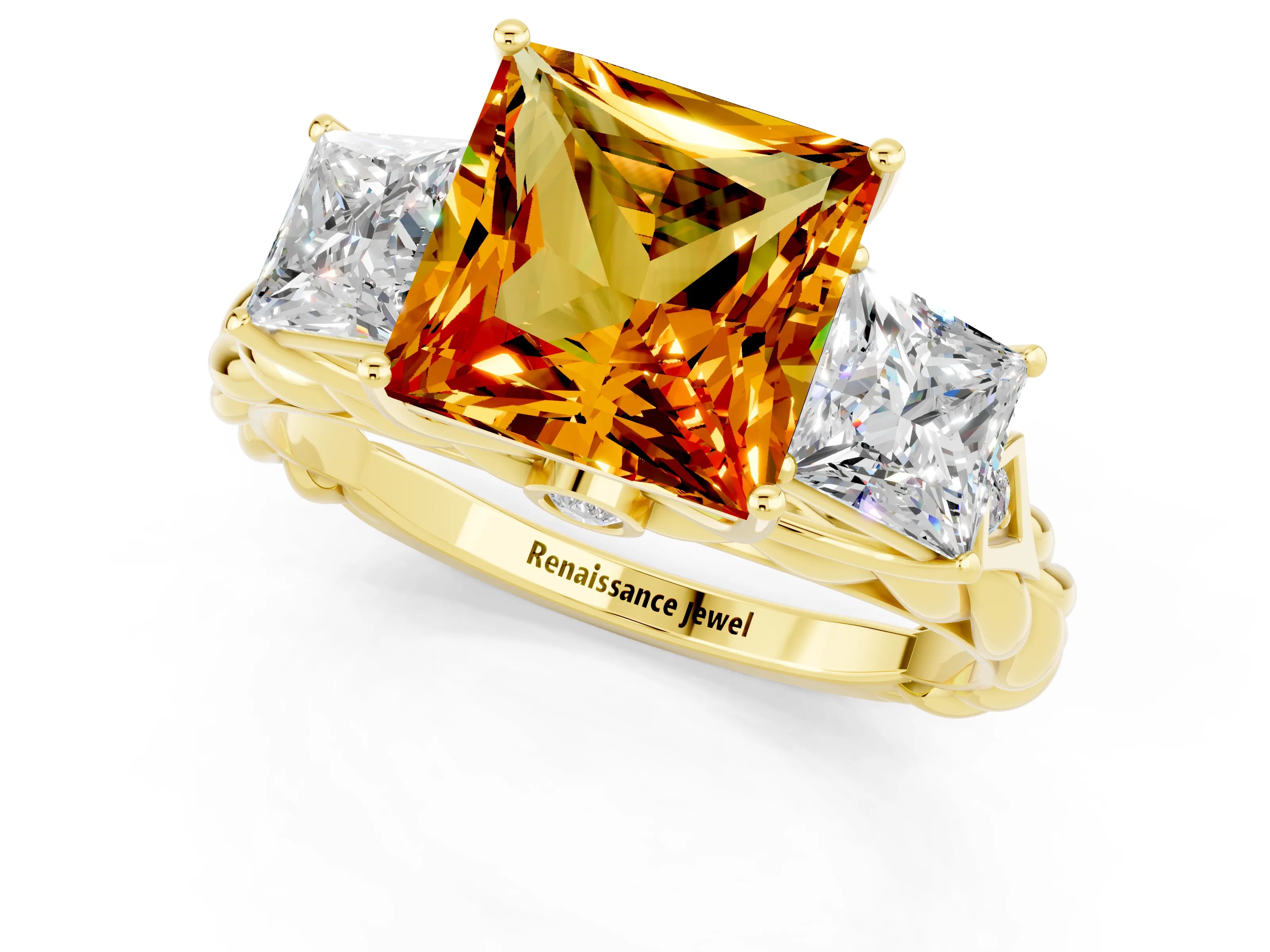 Yellow gold Three-Stone Princess Cut Citrine Braided Band Ring with Four-Prong Setting_13