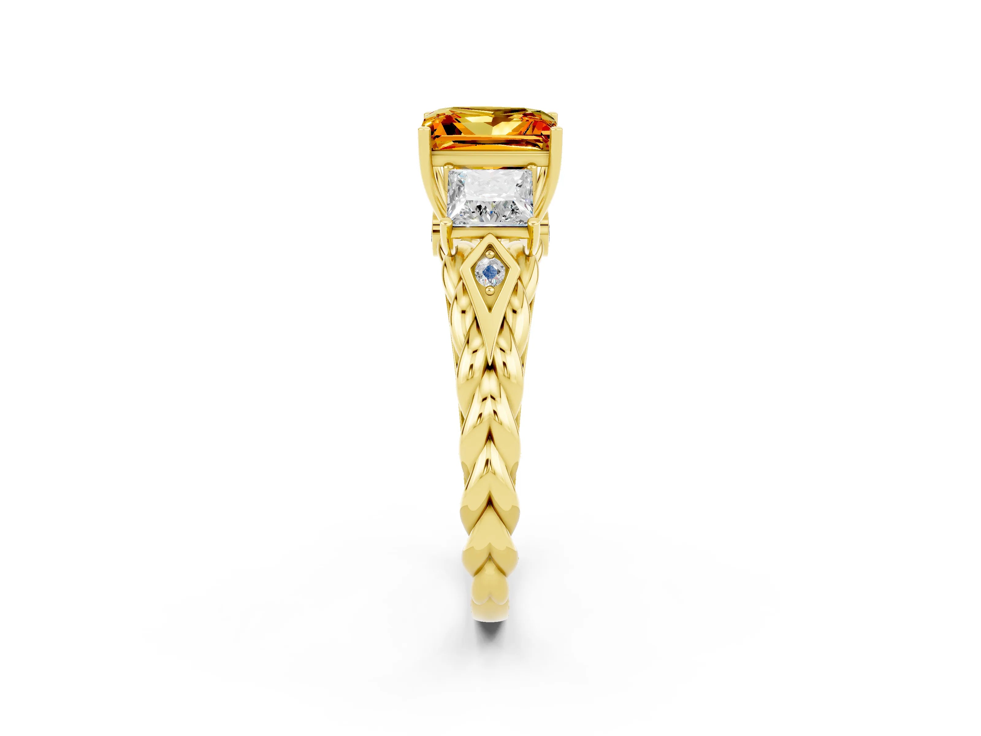 Yellow gold Three-Stone Princess Cut Citrine Braided Band Ring with Four-Prong Setting_14