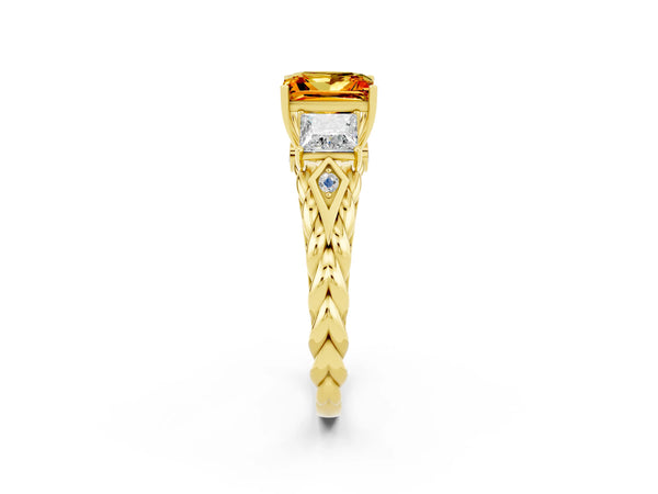 Yellow gold Three-Stone Princess Cut Citrine Braided Band Ring with Four-Prong Setting