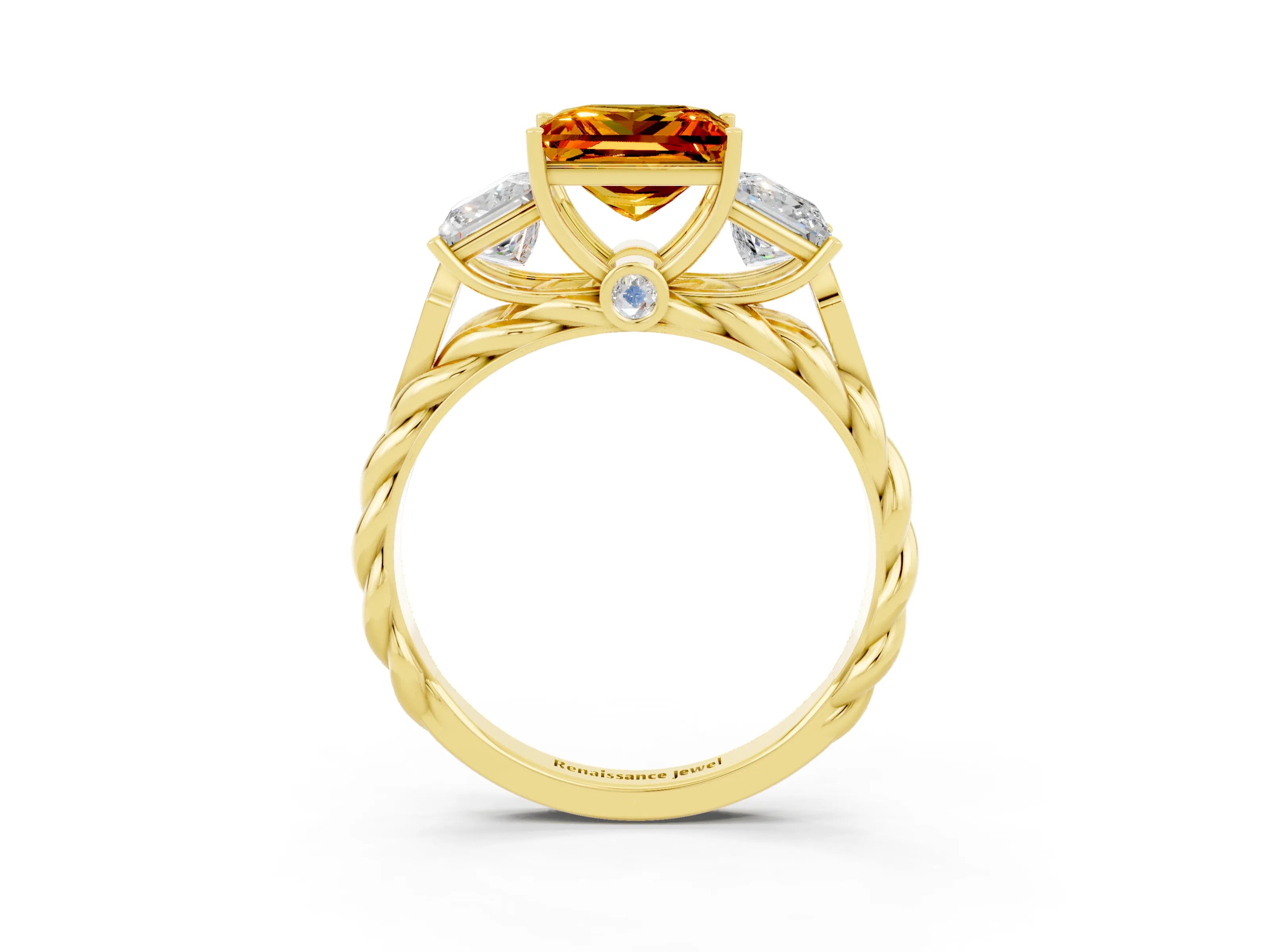 Yellow gold Three-Stone Princess Cut Citrine Braided Band Ring with Four-Prong Setting_15