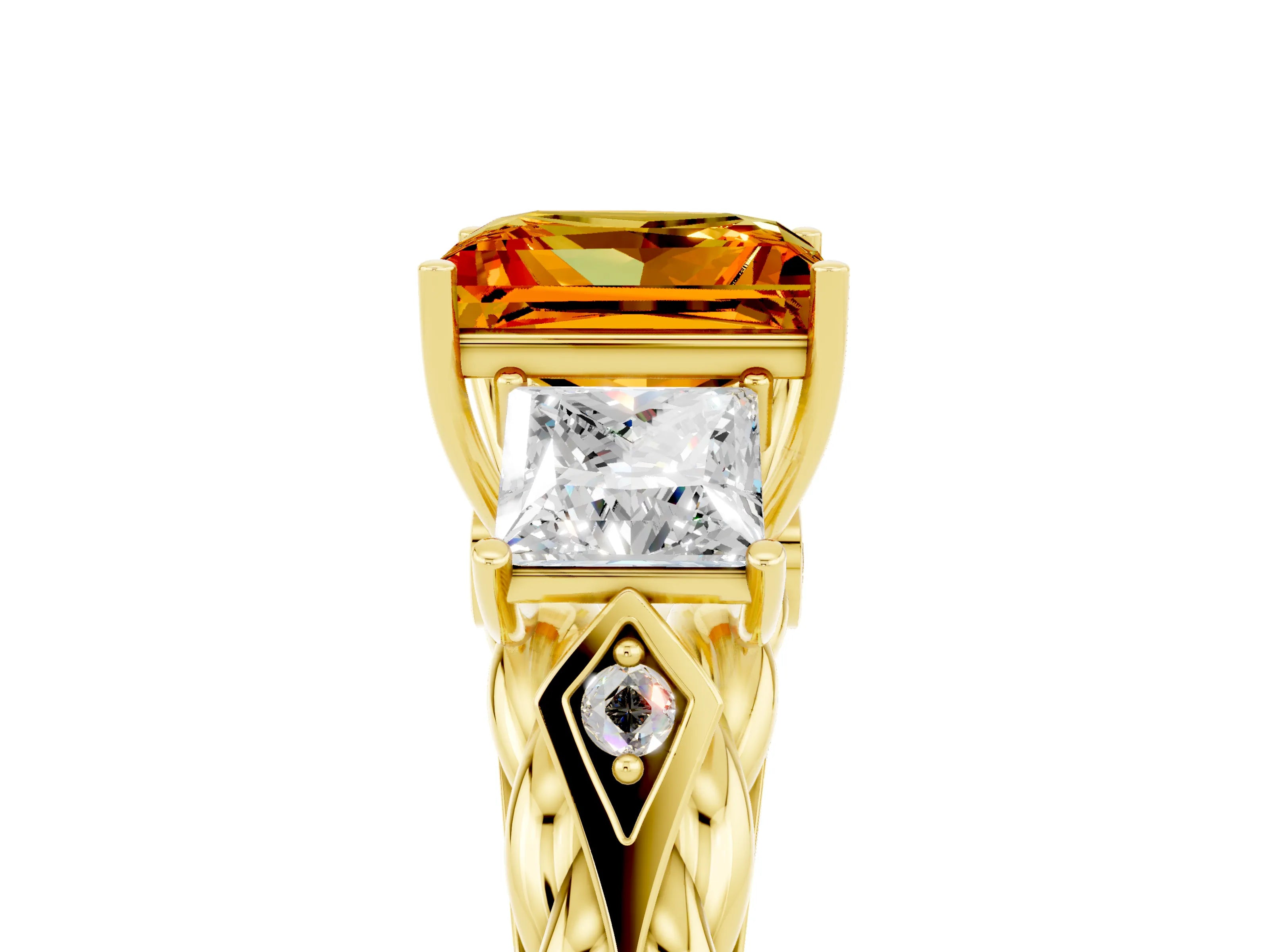 Yellow gold Three-Stone Princess Cut Citrine Braided Band Ring with Four-Prong Setting_17