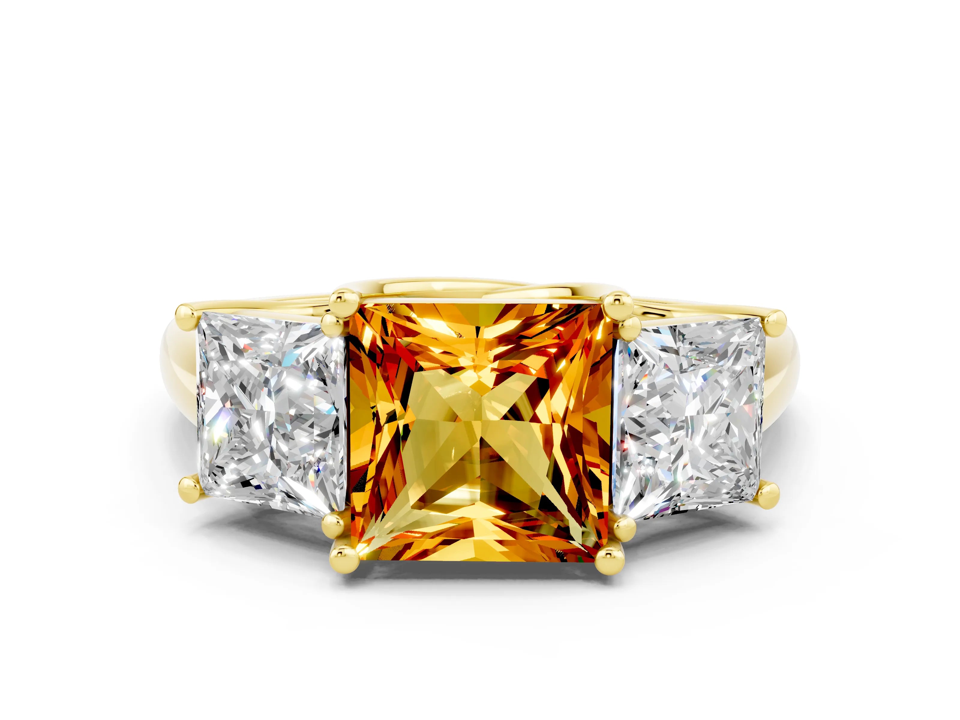 Yellow gold Three-Stone Princess Cut Citrine Engagement Ring with Prong Setting