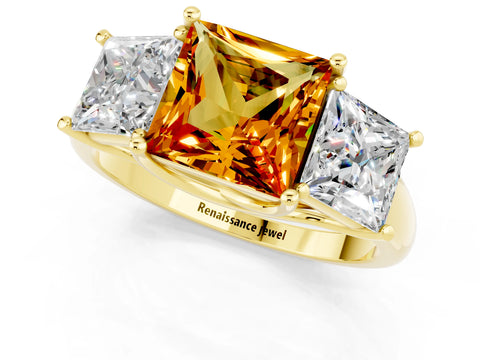 Yellow gold Three-Stone Princess Cut Citrine Engagement Ring with Prong Setting_1