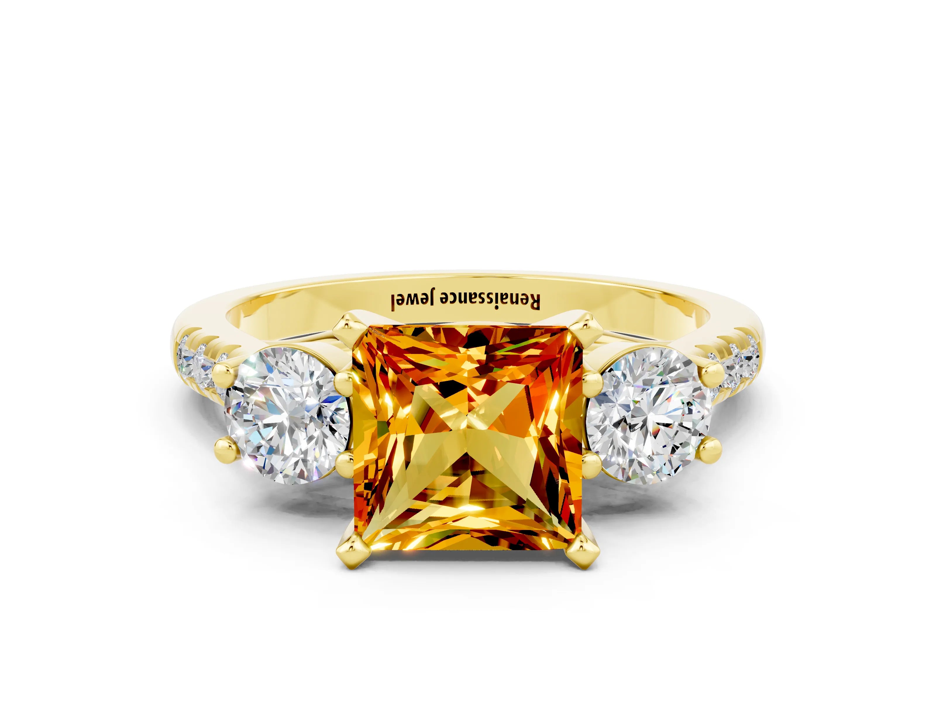Yellow gold Three-Stone Princess Cut Citrine Pavé Band with Four-Prong Setting