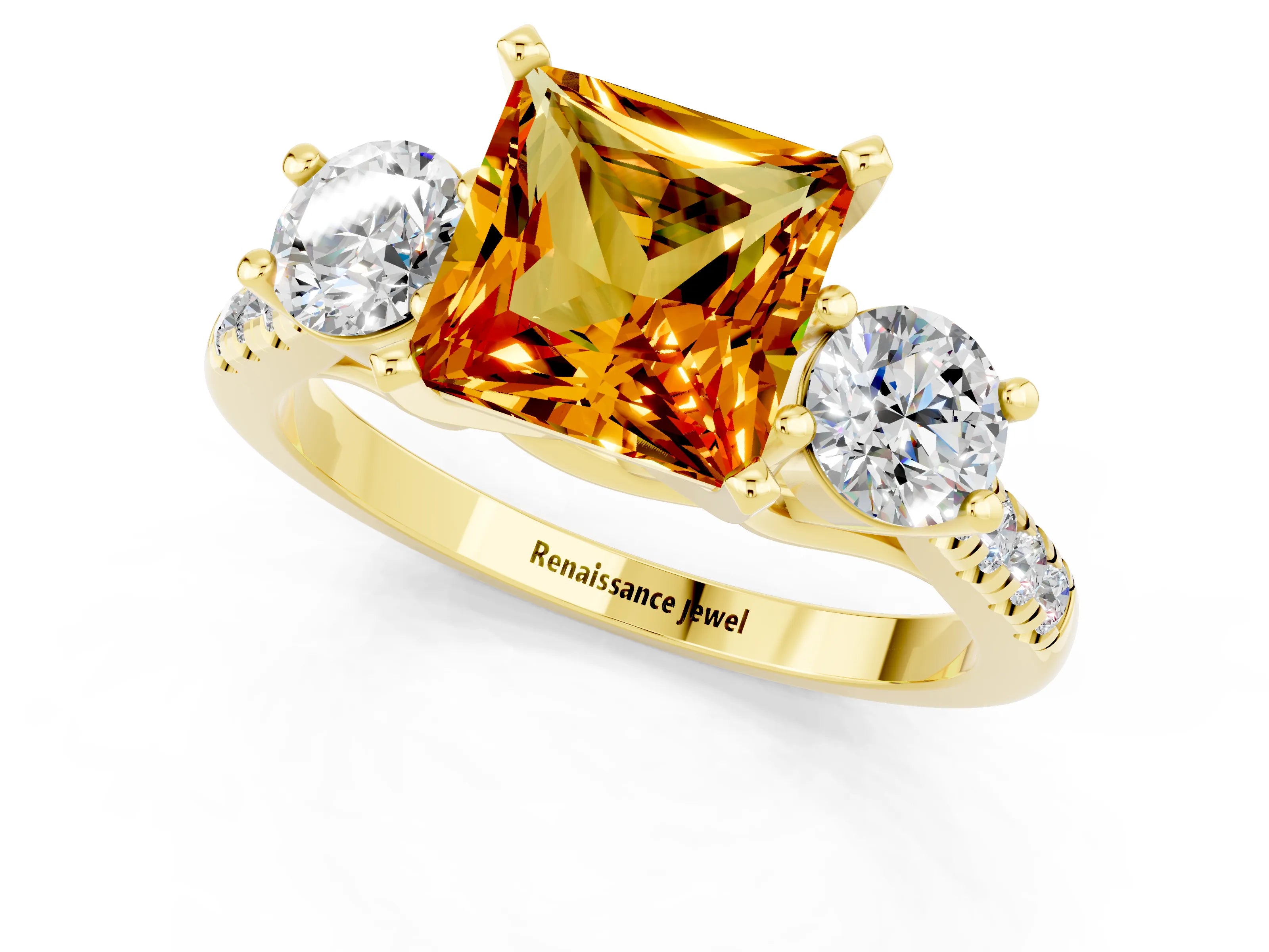 Yellow gold Three-Stone Princess Cut Citrine Pavé Band with Four-Prong Setting_1