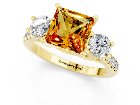 Yellow gold Three-Stone Princess Cut Citrine Pavé Band with Four-Prong Setting_1
