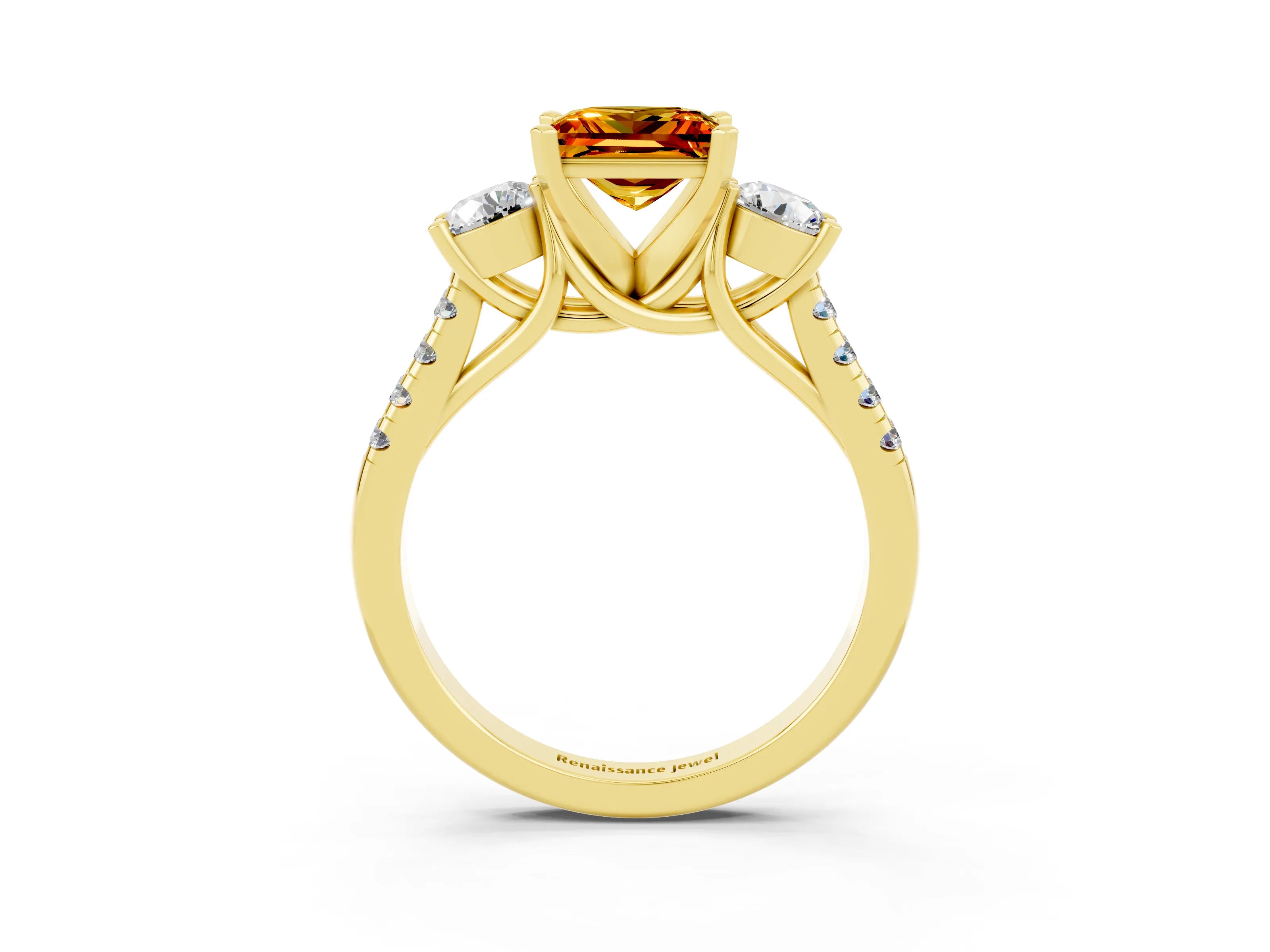 Yellow gold Three-Stone Princess Cut Citrine Pavé Band with Four-Prong Setting_3
