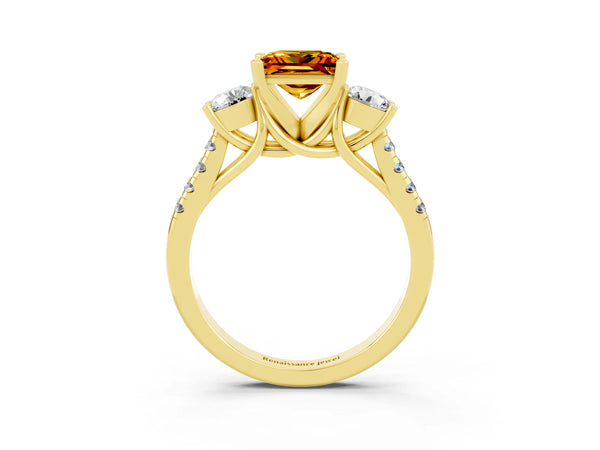 Yellow gold Three-Stone Princess Cut Citrine Pavé Band with Four-Prong Setting
